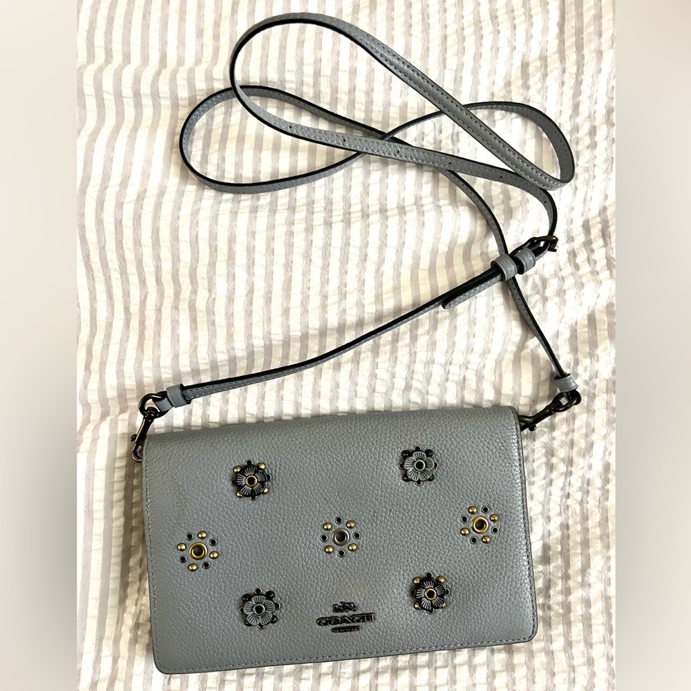 Coach dusty blue grey wallet crossbody purse